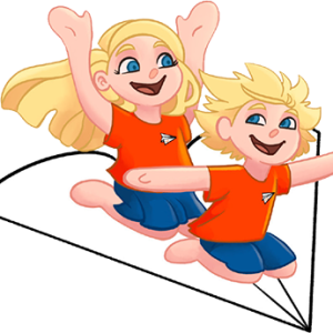 Hayden and Makena flying on a paper airplane